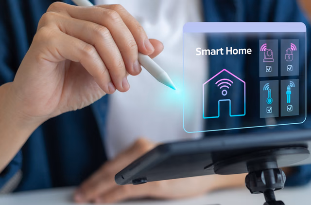 Hand controlling a smart home dashboard with connected security, thermostat, and lighting icons